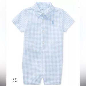 Polo Ralph Lauren Gingham Cotton Light Blue Baby Romper